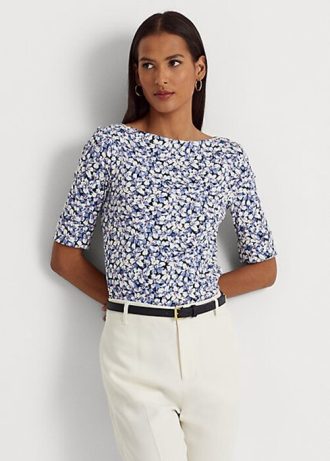 Camisetas Ralph Lauren femininas azuis de algodão elástico com estampa floral