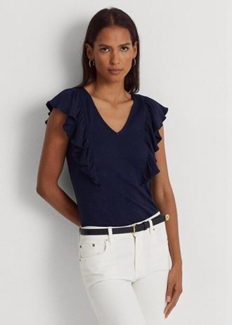 Camisetas Ralph Lauren femininas azul-marinho com acabamento em babados e malha canelada