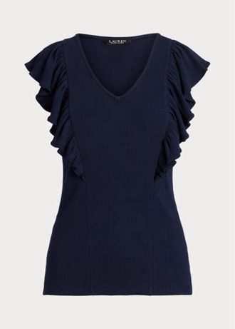 Camisetas Ralph Lauren femininas azul-marinho com acabamento em babados e malha canelada
