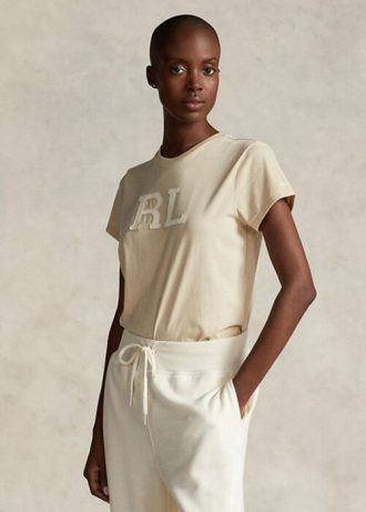 Camisetas Ralph Lauren Femininas Bege com Aplicação de Camurça e Aplicação de Jersey