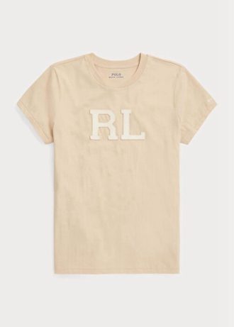 Camisetas Ralph Lauren Femininas Bege com Aplicação de Camurça e Aplicação de Jersey