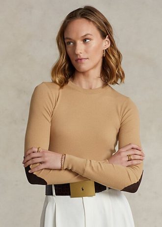 Camisetas Ralph Lauren femininas bege com manga comprida e acabamento em camurça canelada
