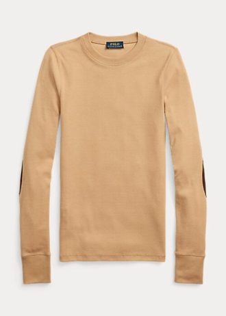 Camisetas Ralph Lauren femininas bege com manga comprida e acabamento em camurça canelada