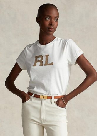 Camisetas Ralph Lauren Femininas Brancas com Aplicação de Camurça e Aplicação de Jersey