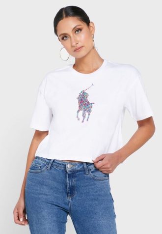 Camisetas Ralph Lauren Femininas Brancas com Gola Redonda e Estampa