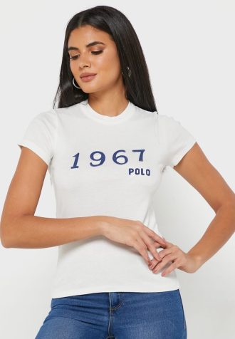 Camisetas Ralph Lauren Femininas Brancas com Gola Redonda e Estampa