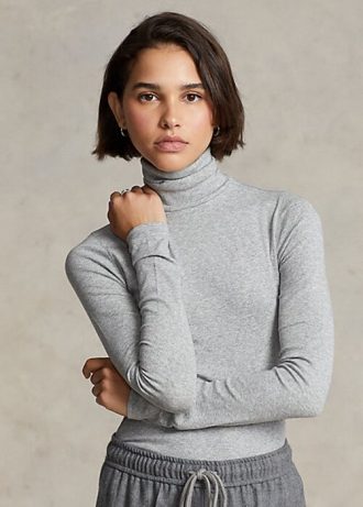 Camisetas Ralph Lauren Femininas Cinza com Gola Alta e Elástica e Canelada