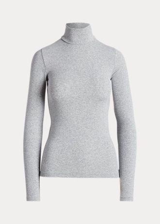 Camisetas Ralph Lauren Femininas Cinza com Gola Alta e Elástica e Canelada