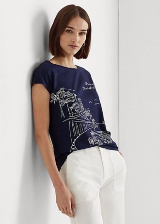Camisetas Ralph Lauren Femininas com Estampa de Jersey Azul Marinho