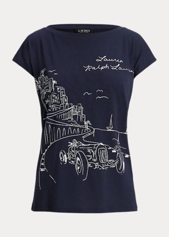 Camisetas Ralph Lauren Femininas com Estampa de Jersey Azul Marinho