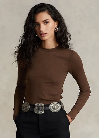 Camisetas Ralph Lauren femininas de manga comprida com acabamento em camurça canelada marrom