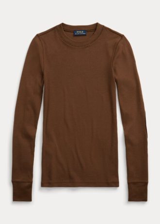 Camisetas Ralph Lauren femininas de manga comprida com acabamento em camurça canelada marrom