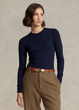 Camisetas Ralph Lauren Femininas de Manga Longa com Acabamento em Camurça e Canelado Azul Marinho