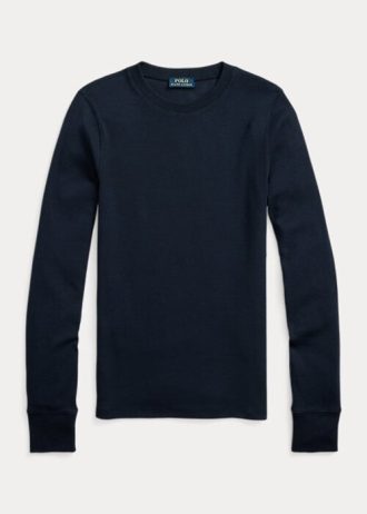 Camisetas Ralph Lauren Femininas de Manga Longa com Acabamento em Camurça e Canelado Azul Marinho