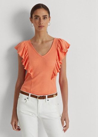Camisetas Ralph Lauren femininas laranja com acabamento em babados e malha canelada