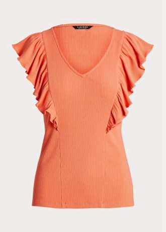Camisetas Ralph Lauren femininas laranja com acabamento em babados e malha canelada