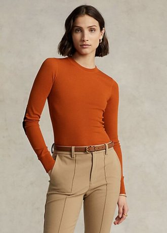 Camisetas Ralph Lauren Femininas Laranja de Manga Longa com Acabamento em Camurça e Canelado