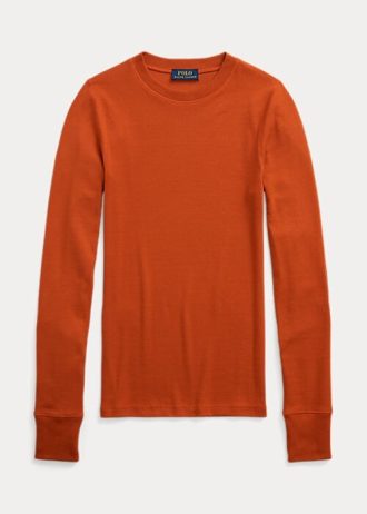 Camisetas Ralph Lauren Femininas Laranja de Manga Longa com Acabamento em Camurça e Canelado