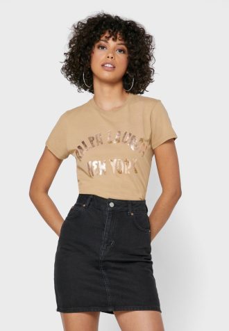 Camisetas Ralph Lauren femininas marrons com gola redonda e logotipo