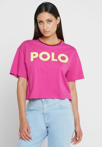 Camisetas Ralph Lauren Femininas Rosa com Gola Redonda e Estampa