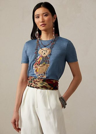 Camisetas Ralph Lauren Island Polo Bear de algodão azul para mulheres