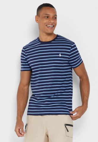 Camisetas Ralph Lauren listradas azuis masculinas com gola redonda