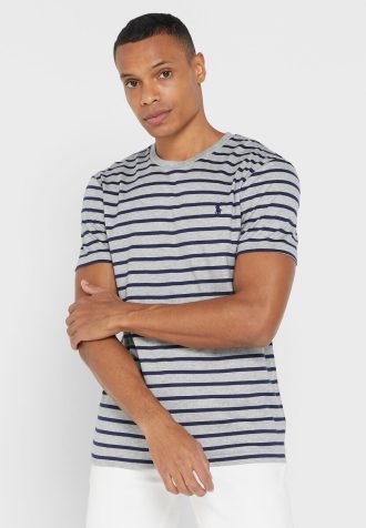 Camisetas Ralph Lauren listradas cinza masculinas com gola redonda