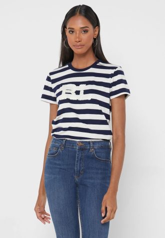 Camisetas Ralph Lauren listradas com gola redonda azul marinho para mulheres