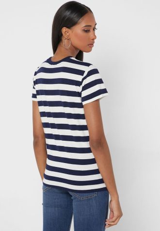 Camisetas Ralph Lauren listradas com gola redonda azul marinho para mulheres