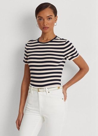Camisetas Ralph Lauren listradas de algodão elástico azul marinho para mulheres