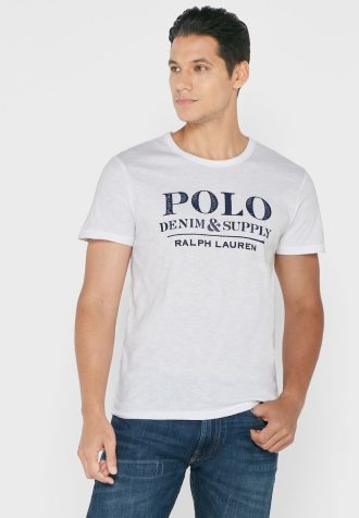 Camisetas Ralph Lauren Masculinas Brancas com Gola Redonda e Slogan