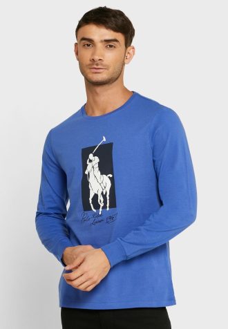 Camisetas Ralph Lauren Masculinas com Estampa de Gola Redonda Azul