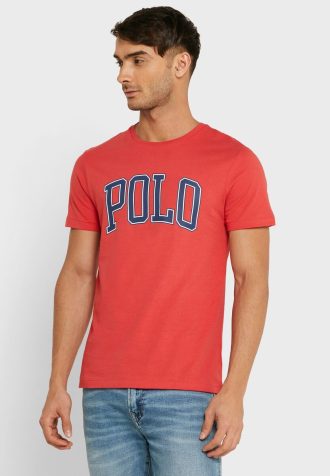 Camisetas Ralph Lauren Masculinas Vermelhas com Gola Redonda e Slogan