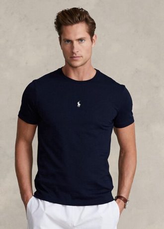 Camisetas Ralph Lauren personalizadas com corte slim e gola redonda masculinas azul-marinho