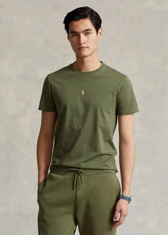 Camisetas Ralph Lauren personalizadas de gola redonda slim fit masculinas verde oliva