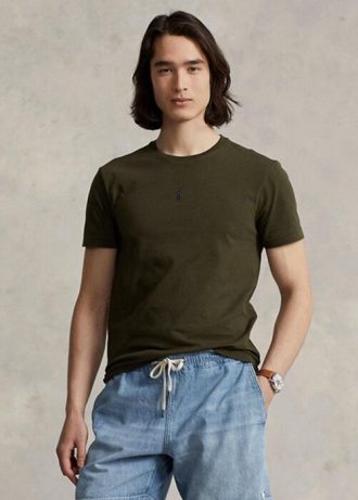 Camisetas Ralph Lauren personalizadas de gola redonda slim fit masculinas verde oliva