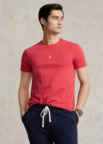 Camisetas Ralph Lauren personalizadas masculinas vermelhas com gola redonda e ajuste slim