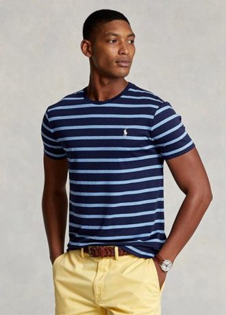 Camisetas Ralph Lauren personalizadas slim listradas de algodão macio azul marinho para homens