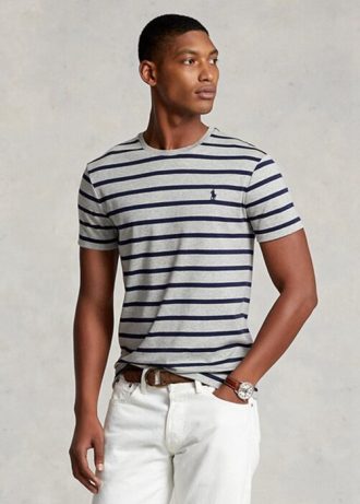 Camisetas Ralph Lauren personalizadas, slim, listradas, de algodão macio, cinza, masculinas