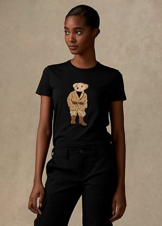 Camisetas Ralph Lauren Safari Polo Bear de algodão pretas para mulheres