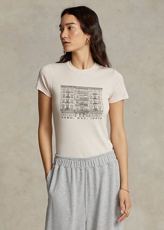 Camisetas Ralph Lauren Slim Graphic de algodão canelado rosa para mulheres