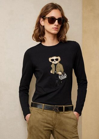 Camisetas Ralph Lauren Utility Bear de algodão manga comprida pretas femininas