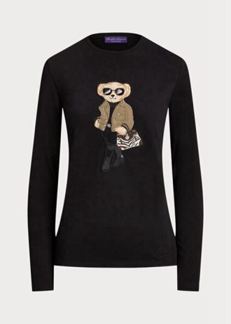 Camisetas Ralph Lauren Utility Bear de algodão manga comprida pretas femininas
