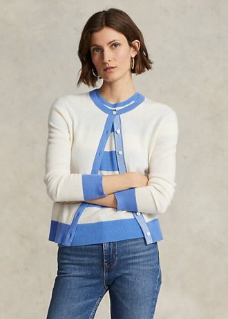 Cardigan de cashmere com estampa de brasão Ralph Lauren feminino azul/creme