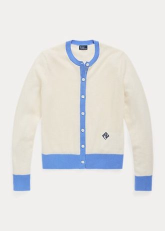 Cardigan de cashmere com estampa de brasão Ralph Lauren feminino azul/creme
