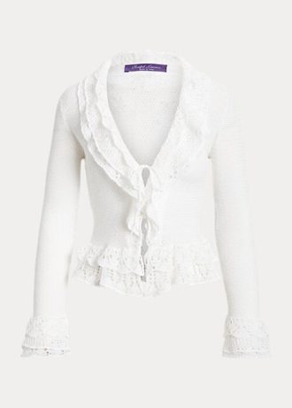 Cardigan Ralph Lauren feminino branco com acabamento em babados
