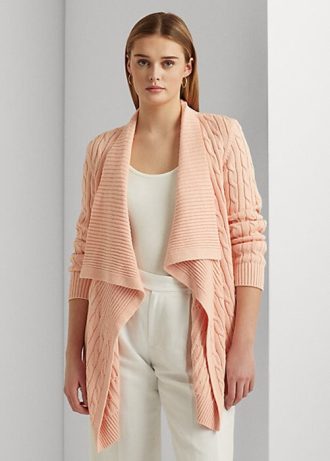 Cardigan Ralph Lauren feminino rosa de linho e algodão com tricô trançado