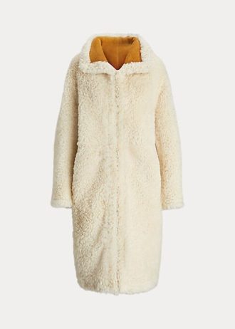 Casacos de pele de carneiro reversíveis grandes Ralph Lauren creme feminino