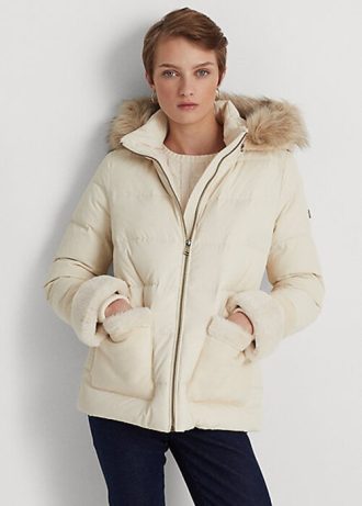 Casacos de plumas Ralph Lauren femininos com acabamento em pele sintética