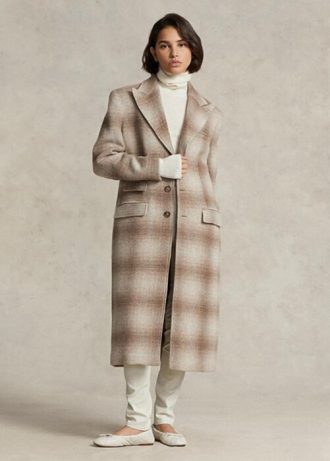 Casacos femininos marrons Ralph Lauren xadrez de lã mista